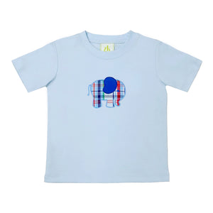 Get your little one ready for some fun with the Elephant Plaid Paly Tee from Zuccini Kids. This light blue short sleeve tee features an adorable plaid applique elephant on the front, perfect for adding a playful touch to any outfit. Match it with the Leo Pant for a complete look.