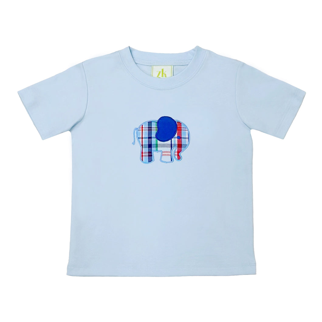 Get your little one ready for some fun with the Elephant Plaid Paly Tee from Zuccini Kids. This light blue short sleeve tee features an adorable plaid applique elephant on the front, perfect for adding a playful touch to any outfit. Match it with the Leo Pant for a complete look.