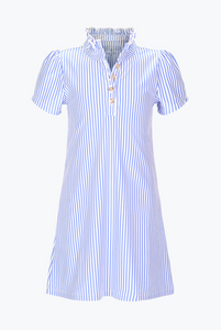 Introducing the Girls Seersucker Sammi Dress from Duffield Lane! Made with athletic material, this dress not only looks stylish with blue and white stripes, but also provides comfort and flexibility. The ruffle button up neckline with gold buttons adds a touch of elegance. Perfect for any active girl!