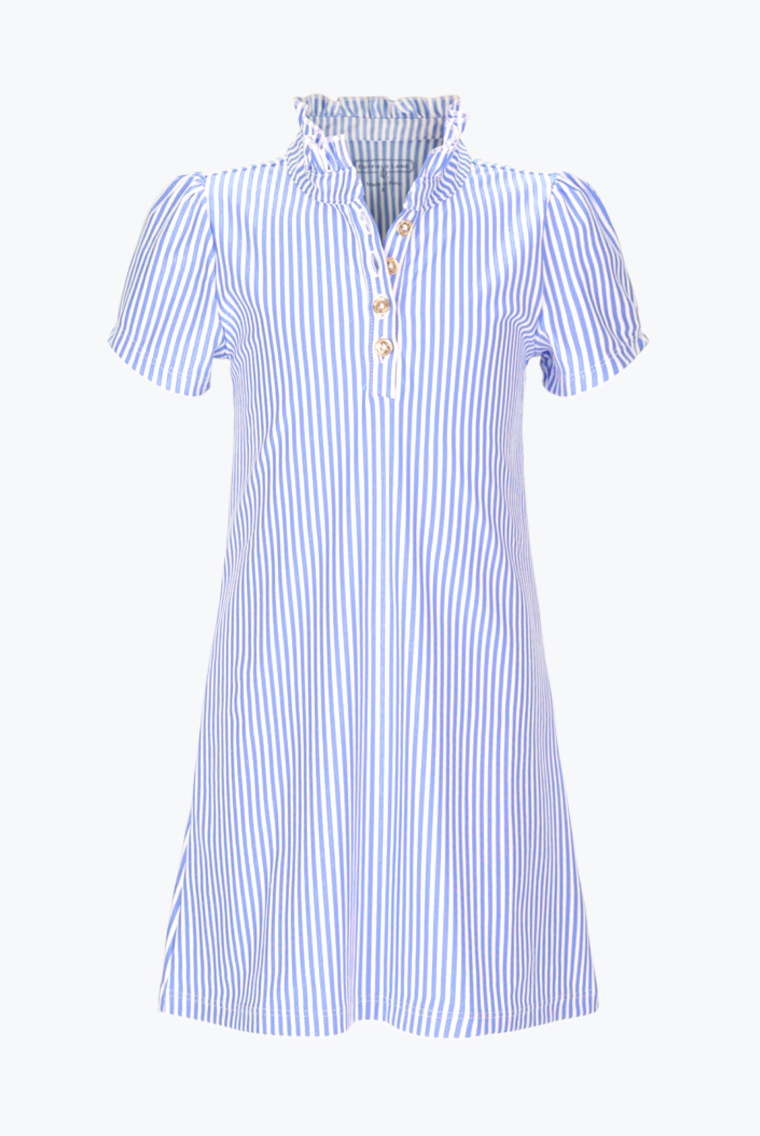 Introducing the Girls Seersucker Sammi Dress from Duffield Lane! Made with athletic material, this dress not only looks stylish with blue and white stripes, but also provides comfort and flexibility. The ruffle button up neckline with gold buttons adds a touch of elegance. Perfect for any active girl!