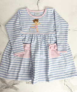 Dress your little one in the adorable Striped Betsy Ballerina Dress from Squiggles. This dress features a charming applique ballerina and playful ruffle pocket details, perfect for your toddler girl. Let her dance and twirl in style with this cute and comfortable dress.