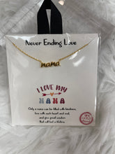 Load image into Gallery viewer, Celebrate the special promotion to being a Grandmother with a special necklace. With 4 name options to choose from, these necklaces make the perfect gift for new Grandmothers. Show your love for new grandmothers or give as a way to reveal a pregnancy!
