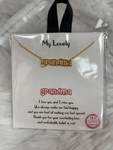 Load image into Gallery viewer, Celebrate the special promotion to being a Grandmother with a special necklace. With 4 name options to choose from, these necklaces make the perfect gift for new Grandmothers. Show your love for new grandmothers or give as a way to reveal a pregnancy!
