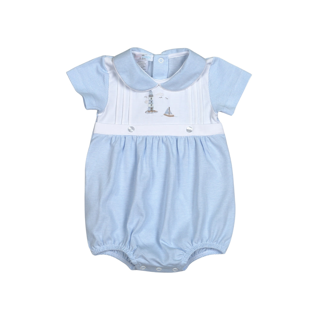 The Blue Lighthouse Embroidered Bubble from Baby Loren is the perfect choice for any infant boy. With a classic blue and white mini stripe and a beautifully embroidered lighthouse and sailboat, this outfit exudes a timeless and elegant charm. Create cherished memories with this heirloom piece that will bring joy to the senses.