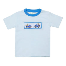 Load image into Gallery viewer, Introducing our adorable Labrador Blue Striped Tee from Zuccini Kids! Perfect for toddler boys, this tee features a classic blue stripe design and a playful smocked labrador dog riding in a truck. Pair it with our Leo Periwinkle Shorts for an effortlessly stylish look.
