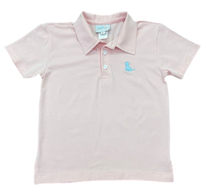 Get your little boy ready for Spring with this Boys Pink Polo featuring a cute blue puppy from James &amp; Lottie. Made for toddler boys, it pairs perfectly with the Boys Pastel Plaid Conrad Shorts for a stylish and adorable outfit. Perfect for any Easter celebration or casual day out!