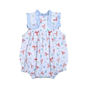 Indulge your little one in the wonders of the sea with our Under the Sea Pima Bubble from Baby Loren. Featuring cute lobsters and charming ruffles, this blue and white bubble is made from 100% Pima cotton for ultimate comfort. A must-have for infant girls!