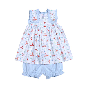 Indulge your little one in the wonders of the sea with our Under the Sea Pima Bloomer Set from Baby Loren. Featuring cute lobsters and charming ruffles, this blue and white bloomer set is made from 100% Pima cotton for ultimate comfort. A must-have for infant and toddler girls!