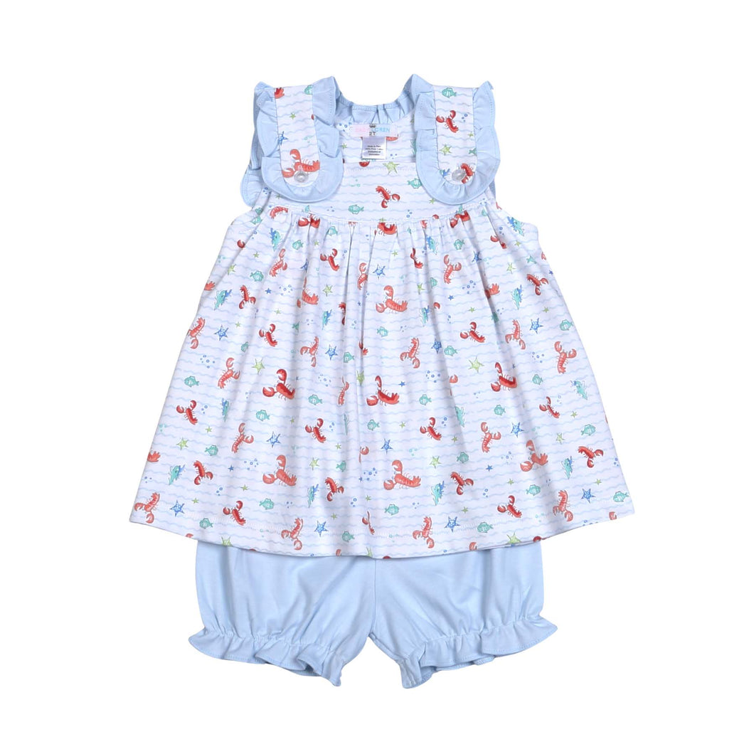 Indulge your little one in the wonders of the sea with our Under the Sea Pima Bloomer Set from Baby Loren. Featuring cute lobsters and charming ruffles, this blue and white bloomer set is made from 100% Pima cotton for ultimate comfort. A must-have for infant and toddler girls!