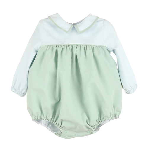 This Sophie & Lucas mint green and blue infant bubble is perfect for special occasions and photos. Made with soft poplin fabric, it offers a classic and comfortable fit for your little one. Complete with bubble shorts and a buttoned-up back, it's both stylish and practical for any occasion.