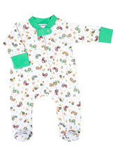 Load image into Gallery viewer, Keep your little farmer cozy and stylish with our Tractor Time Long Sleeve Footie Pajamas. This classic design from Magnolia Baby is perfect for the baby who undoubtedly love all things farm and tractor. With long sleeves, it&#39;s perfect for colder nights.
