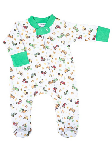 Keep your little farmer cozy and stylish with our Tractor Time Long Sleeve Footie Pajamas. This classic design from Magnolia Baby is perfect for the baby who undoubtedly love all things farm and tractor. With long sleeves, it's perfect for colder nights.