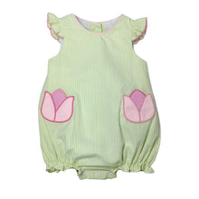 Load image into Gallery viewer, This adorable Sloane Tulip Seersucker Striped Bubble from Zuccini Kids is perfect for your infant &amp; toddler girl. The bubble features lime green stripes and cute pink tulip appliques, adding a touch of whimsy to her wardrobe. Made with soft and lightweight seersucker fabric, it&#39;s perfect for warm weather and playtime.
