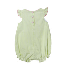 Load image into Gallery viewer, This adorable Sloane Tulip Seersucker Striped Bubble from Zuccini Kids is perfect for your infant &amp; toddler girl. The bubble features lime green stripes and cute pink tulip appliques, adding a touch of whimsy to her wardrobe. Made with soft and lightweight seersucker fabric, it&#39;s perfect for warm weather and playtime.
