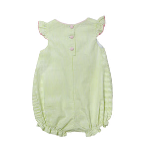 This adorable Sloane Tulip Seersucker Striped Bubble from Zuccini Kids is perfect for your infant &amp; toddler girl. The bubble features lime green stripes and cute pink tulip appliques, adding a touch of whimsy to her wardrobe. Made with soft and lightweight seersucker fabric, it's perfect for warm weather and playtime.