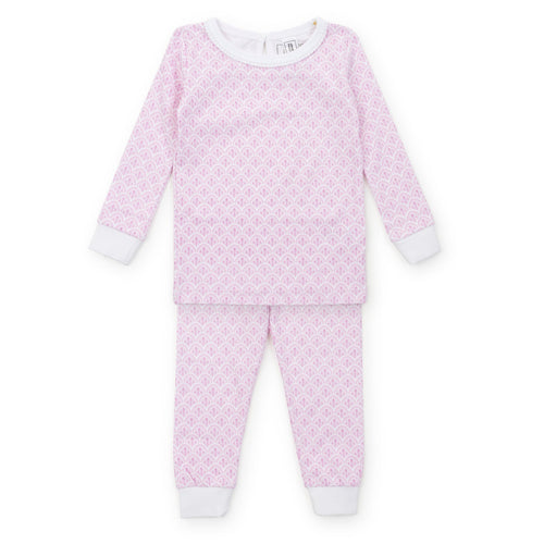 Introducing the Ava Scalloped Pink Pajama Set, a must-have for your little one's sleepwear collection. With its beautiful Lila & Hayes design, delicate scalloped detailing on the collar, and comfy long sleeves, this set is perfect for girls ages 2t-6. Give your child the gift of comfort and style with this charming pajama set.