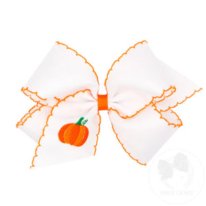 Grosgrain Hair Bow with Moonstitch Edge and Pumpkin Embroidery