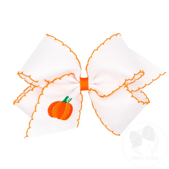 Grosgrain Hair Bow with Moonstitch Edge and Pumpkin Embroidery