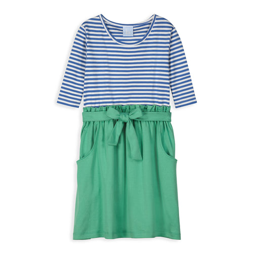 The Zoe Pima Dress for girls features a stylish combination of a striped 3/4 sleeve top and a green belted paper bag skirt. Perfect for any occasion, this dress offers a classic and cute style that your little one will love.