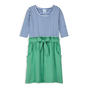 The Zoe Pima Dress for girls features a stylish combination of a striped 3/4 sleeve top and a green belted paper bag skirt. Perfect for any occasion, this dress offers a classic and cute style that your little one will love.