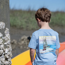 Load image into Gallery viewer, Your boys will certainly stay stylish and comfortable on their next fishing adventure with our Offshore Boat Long Sleeve Graphic Tee. Made from soft powder blue fabric, this shirt features a cool offshore boat design on the back and a small Salt Water Boys pocket and logo on the front. Perfect for any young angler!
