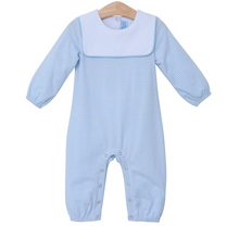 Load image into Gallery viewer, Introducing the Lucas Romper in Light Blue from Trotter Street Kids! With its charming stripes and crisp white collar, it&#39;s perfect for monogramming. Available in infant sizes, it&#39;s a stylish and personalized addition to any little one&#39;s wardrobe. Get yours today and make them stand out!
