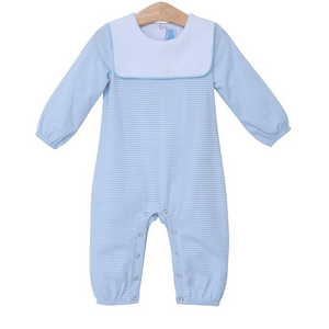 Introducing the Lucas Romper in Light Blue from Trotter Street Kids! With its charming stripes and crisp white collar, it's perfect for monogramming. Available in infant sizes, it's a stylish and personalized addition to any little one's wardrobe. Get yours today and make them stand out!