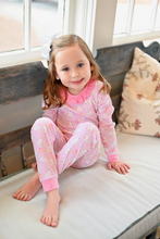 Load image into Gallery viewer, Get ready for a spooky night in with our James and Lottie Girls Two-Piece Long Sleeve Pajamas! Made with soft pink fabric, these pajamas feature a cute ghost and pumpkin design. Perfect for snuggling up and staying cozy on those cool fall nights. Order yours now for the ultimate fall sleepover.
