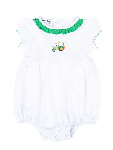 Looking for the perfect outfit for your little one? Look no further! Our Tractor Time bubble features a charming embellished tractor appliqué and delicate green ruffle details around the collar. Made with soft, high-quality fabric, your baby will look and feel adorable in this cute and comfortable white ruffle bubble.