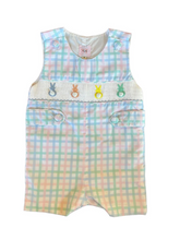 Load image into Gallery viewer, The Peeps Bishop Jon Jon from Shop Teeta is the perfect choice for your little boy this spring and Easter Sunday. Made from soft, pastel plaid fabric, it features an adorable peeps smocked design with cotton tails. Make your toddler the cutest one this Easter or at any family gathering with this charming Jon Jon.
