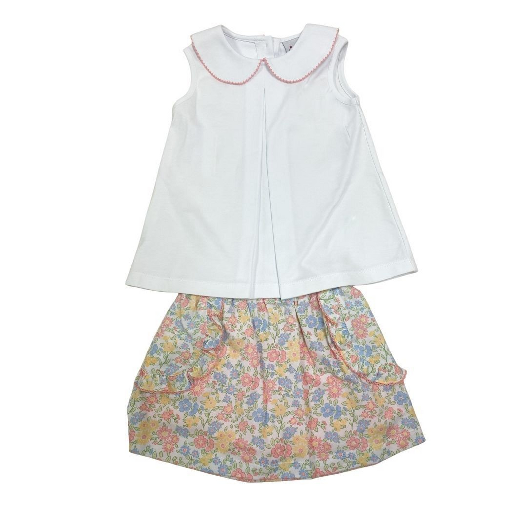 Introduce your little one to the joy of fashion with our Pastel Skort Set! This set features a white sleeveless knit top with a cute peter pan collar and a pastel floral print skort. Pair it with our matching dress for big sis!