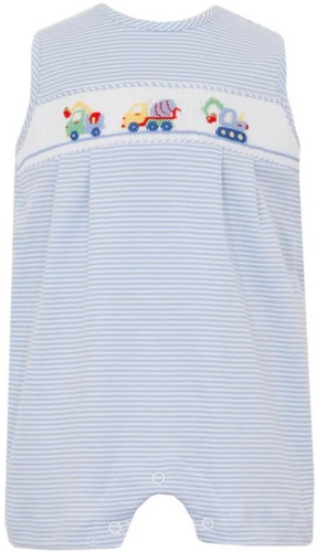 Introduce your little one to the world of construction with our Boy's Blue Stripe Construction Cars Knit Jon Jon from Petit Bebe. Made from soft knit fabric, this Jon Jon is perfect for infant boys and features adorable construction car prints. Give your baby comfort and style at the same time.