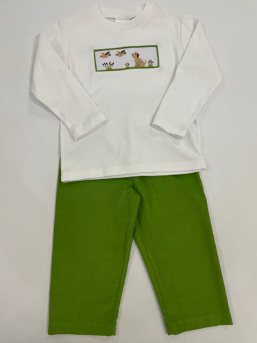 This adorable toddler boys top and pant set features a fun wildlife motif of flying ducks and a dog, adding a touch of whimsy to a classic design. The smocking detail enhances the charm of this set, making it perfect for any little animal lover and any occasion! Matching sibling sets available!