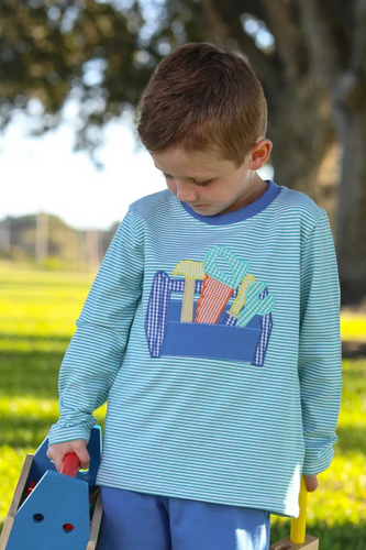 Encourage your little one's love for tools with this Trotter Street play shirt. Featuring charming stripes and a fun toolbox applique, it's the perfect addition to his playtime wardrobe. Let his imagination run wild with this playful and practical shirt.