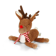 Load image into Gallery viewer, Rudie the Reindeer, the festive stuffed animal plush pal! With warm textured frown fur, soft white belly, and adorable red nose, Rudie is ready to light up your holiday season. Adorned with a charming red and white striped scarf and cute antlers, this delightful reindeer is perfect for snuggling and spreading holiday cheer! Embrace the festive fun with Rudie and let your celebrations be filled with cuddles and cheer!
