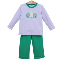 Load image into Gallery viewer,  Get your little one in the holiday spirit with our Toddler Boys Christmas Tree Pant Set from Trotter Street Kids! Featuring a festive Christmas Tree applique, this set is perfect for Christmas photos and family gatherings. With its blue and white stripes, your little boy will look adorable and be comfortable all day long.
