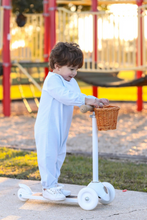 Load image into Gallery viewer, Introducing the Lucas Romper in Light Blue from Trotter Street Kids! With its charming stripes and crisp white collar, it&#39;s perfect for monogramming. Available in infant sizes, it&#39;s a stylish and personalized addition to any little one&#39;s wardrobe. Get yours today and make them stand out!
