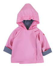 Load image into Gallery viewer, Stay dry and stylish this Spring with our customer-favorite Favorite Rain Jacket! Designed by American Widgeon, this jacket is perfect for infants and toddlers and comes in pink and blue. The velcro design makes it effortless to put on and take off. Don&#39;t let the rain stop your little ones from having fun!
