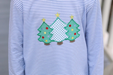 Load image into Gallery viewer, Get your little one in the holiday spirit with our Toddler Boys Christmas Tree Pant Set from Trotter Street Kids! Featuring a festive Christmas Tree applique, this set is perfect for Christmas photos and family gatherings. With its blue and white stripes, your little boy will look adorable and be comfortable all day long.
