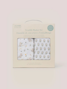 The Swaddle Blanket Set from JuJuBe × Studio Oh! includes two blankets, each with an irresistible, on-trend design. While perfect for swaddling newborns, these blankets can also be used for tummy time, as lightweight stroller covers, and as nursing throws. Each measures 44 by 44 inches (112 cm × 112 cm) and is made of sustainable, non-GMO bamboo fabric that is gentle on Baby’s skin and is soft, cozy, and breathable. Designed with sweet artwork in nursery-friendly colors, these blankets come packaged in a gi