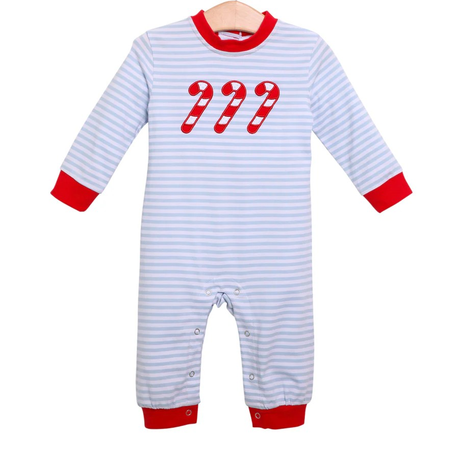 Give your little boy the cutest holiday look with our Candy Cane Romper from Trotter Street Kids. Featuring blue and white stripe details and a playful candy cane applique, this romper is perfect for holiday gatherings. Match with the Candy Cane Sibling Collection for an adorable and coordinated look.