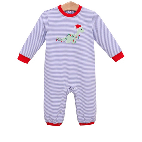 Get your little man in the holiday spirit with our Infant Boys Christmas Dino Romper from Trotter Street Kids! Featuring a festive dino tangled in Christmas lights applique, this romper is perfect for Christmas photos and family gatherings. With its blue and white stripes, your baby boy will look adorable and be comfortable all day long.