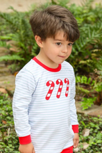 Load image into Gallery viewer, Give your little boy the cutest holiday look with our Candy Cane Play Shirt from Trotter Street Kids. Featuring blue and white stripe details and a playful candy cane applique, this romper is perfect for holiday gatherings. Match with the Candy Cane Sibling Collection for an adorable and coordinated look.
