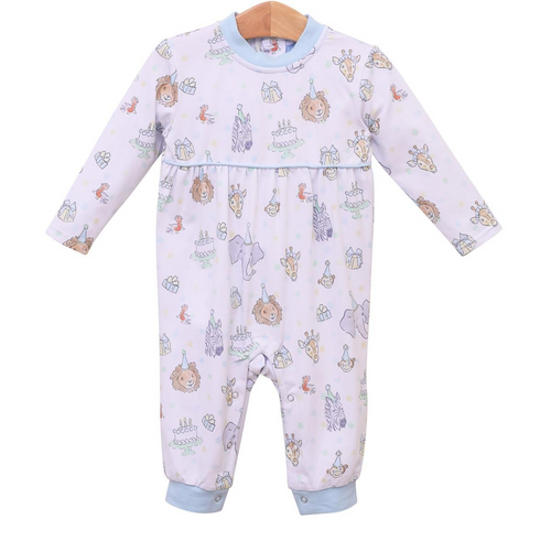 Get your little one ready to party with this adorable Party Animals Blue Romper from Trotter Street Kids! Featuring playful party animals and cute blue piping, this romper is perfect for any occasion. Made with quality materials, it will keep your baby comfortable while looking stylish. Great for his birthday or to celebrate someone special!