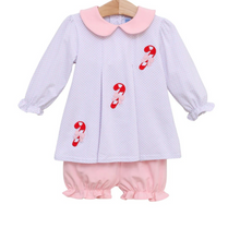 Load image into Gallery viewer, Give your little one the sweetest holiday look with our Candy Cane Bloomer Set from Trotter Street Kids. Featuring soft pink details and a playful candy cane applique, this infant bloomer set is perfect for holiday gatherings. Match with the toddler girl dress for an adorable and coordinated look.
