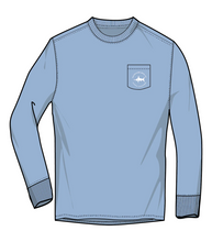 Load image into Gallery viewer, Your boys will certainly stay stylish and comfortable on their next fishing adventure with our Offshore Boat Long Sleeve Graphic Tee. Made from soft powder blue fabric, this shirt features a cool offshore boat design on the back and a small Salt Water Boys pocket and logo on the front. Perfect for any young angler!
