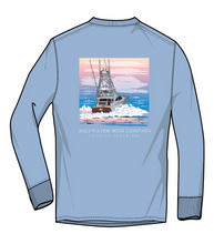 Load image into Gallery viewer, Your boys will certainly stay stylish and comfortable on their next fishing adventure with our Offshore Boat Long Sleeve Graphic Tee. Made from soft powder blue fabric, this shirt features a cool offshore boat design on the back and a small Salt Water Boys pocket and logo on the front. Perfect for any young angler!
