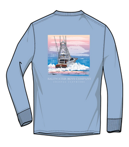 Your boys will certainly stay stylish and comfortable on their next fishing adventure with our Offshore Boat Long Sleeve Graphic Tee. Made from soft powder blue fabric, this shirt features a cool offshore boat design on the back and a small Salt Water Boys pocket and logo on the front. Perfect for any young angler!